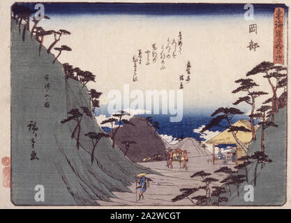 Gare 22, Okabe, vue du Mont Utsu, 歌川広重 Utagawa Hiroshige (1797-1858), japonais, Edo, environ 1841, gravure sur bois en couleur sur papier, 15-1/2 x 21 in. (Image) 16-1/2 x 22 in. (Feuille), la signature de l'artiste : Hiroshige ga joint circulaire kiwame censeur : marque de l'Éditeur : Sano-ya Kihei (Sano-Ki Kikakudō) (série), Cinquante-trois Stations du Tōkaidō, Art asiatique Banque D'Images