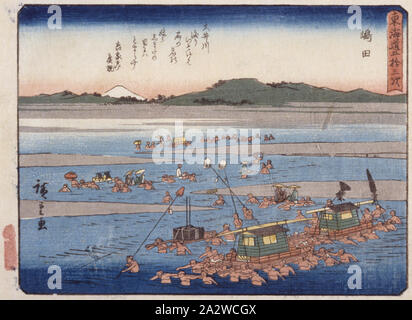 Gare 24, Shimada, 歌川広重 Utagawa Hiroshige (1797-1858), japonais, Edo, environ 1841, gravure sur bois en couleur sur papier, 15-1/2 x 21 in. (Image) 16-1/2 x 22 in. (Feuille), la signature de l'artiste : Hiroshige ga joint circulaire kiwame censeur : marque de l'Éditeur : Sano-ya Kihei (Sano-Ki Kikakudō) (série), Cinquante-trois Stations du Tōkaidō, Art asiatique Banque D'Images