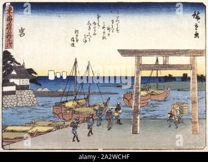 Miya, 歌川広重 Utagawa Hiroshige (1797-1858), japonais, Edo, environ 1841, gravure sur bois en couleur sur papier, 15-1/2 x 21 in. (Image) 16-1/2 x 22 in. (Feuille), la signature de l'artiste : Hiroshige ga joint circulaire kiwame censeur : marque de l'Éditeur : Sano-ya Kihei (Sano-Ki Kikakudō) (série), Cinquante-trois Stations du Tōkaidō, Art asiatique Banque D'Images