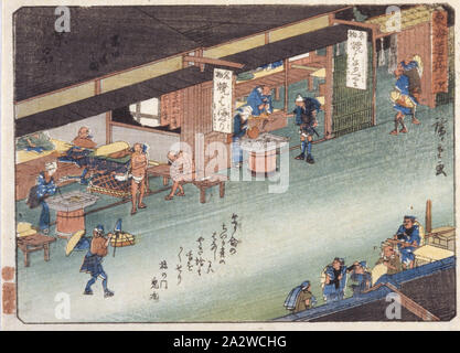 43, Station Kuwana, 歌川広重 Utagawa Hiroshige (1797-1858), japonais, Edo, à propos de 1841, gravure sur bois en couleur sur papier, 15-1/2 x 21 in. (Image) 16-1/2 x 22 in. (Feuille), la signature de l'artiste : Hiroshige ga joint circulaire kiwame censeur : marque de l'Éditeur : Sano-ya Kihei (Sano-Ki Kikakudō) (série), Cinquante-trois Stations du Tōkaidō, Art asiatique Banque D'Images