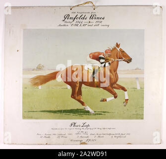 Impression publicitaire - Vins Penfolds, Phar Lap, 1932 Carte, Affiche publicitaire produit par Penfolds Wines, datée 1932. Il dispose d'une peinture de couleur de Phar Lap, reproduit à partir de l'original peint par R. Code et administré par Harry Telford, formateur de Phar Lap. L'affiche propose également un bref résumé de la carrière de course du cheval Banque D'Images