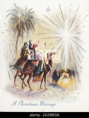 Carte de Noël - E. Barker, à Peggy, Bill & Famille, Un Message de Noël, vers 1960, Carte de Noël faite par la Cinquième Avenue circa 1960. Il dispose d'une scène de la nativité montrant les trois rois. L'un d'une série de cartes recueillies par Mme Peg Harris qui a vécu à Tollerton, Rue Templeton, Avoca. La carte est de E. Barker à Peggy, le projet de loi et à la famille. Margaret 'Peg' Preston Harris (née Brereton) a grandi à 'Tollerton' avec sa mère Sara Brereton (née Preston) et le père William Banque D'Images