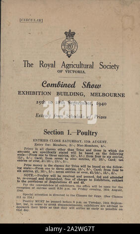 Livret - Spectacle combinée, la volaille, le Royal Agricultural Society of Victoria Show, du 25 au 28 Sep 1940, brochure publiée par la Royal Agricultural Society of Victoria, décrivant le programme de prix pour les pièces de volaille au combiné 1940 Show, qui a eu lieu à l'Exposition de Melbourne, 25-28 septembre. Au cours de la DEUXIÈME GUERRE MONDIALE, la Melbourne Showgrounds ont été réquisitionnés par le ministère de la Défense n'RAAF 1 Génie aéronautique, l'école, d'autres lieux pour le combiné annuel Banque D'Images