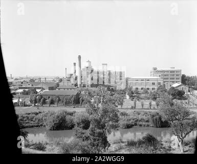 Négatif sur verre, l'usine d'Abbotsford à travers la rivière Yarra, vers les années 1940, en noir et blanc, Négatif sur plaque de verre de l'usine Kodak Australasia Pty Ltd à Abbotsford, vue oblique de l'autre côté de la rivière Yarra, y compris les rives et les arbres en premier plan. collection de produits, de matériel publicitaire, photographies et objets de la vie active, lorsque l'usine de fabrication de Melbourne à Coburg Banque D'Images