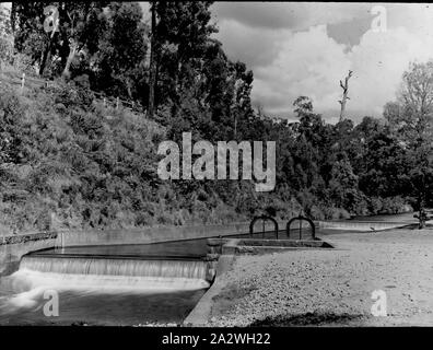 Diapositive - Bassin, Watts River, Victoria, avant 1920, l'image en noir et blanc du bassin versant sur la rivière Watts avant la construction du barrage a débuté en 1920 Maroondah, photographié par A.J. Campbell. Le but principal du barrage et de son réservoir est de fournir de l'eau potable d'une plus grande agglomération de Melbourne. Un des nombreux formant l'A.J. Campbell Collection détenus par Museum Victoria Banque D'Images