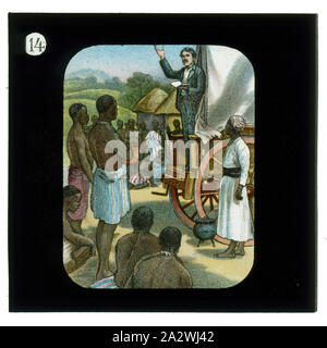 Diapositive - prêcher à partir d'un chariot, de vie et de travail du Dr David Livingstone, vers 1900, diapositive représentant David Livingstone prêcher à partir d'un wagon. Elle fait partie d'un ensemble incomplet de 40 diapositives, deux sont manquants, illustrant les faits marquants de la vie de Livingstone et de voyages. Ces diapositives ont été fabriqués par la London Stereoscopic & Photographic Company pour la la Société Missionnaire de Londres, vers 1900. Le Dr David Livingstone (1813-1873) a passé trente ans en Afrique Banque D'Images