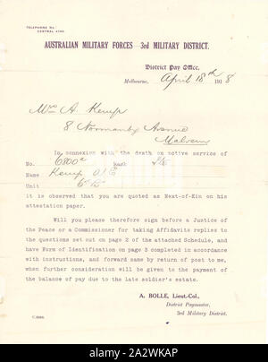 Lettre - Forces militaires australiens 3e District militaire à Mme A. Kemp, paiement de payer le solde, 18 avril 1918, lettre de l'Armée australienne à Mme Annie Kemp de Malvern en date du 18 avril 1918, expliquant ce qu'elle va faire pour recevoir son défunt mari de la solde militaire final. Salle Albert Edward Kemp a été tué dans les tranchées de Glencourse Wood Le 21 septembre 1917, au cours de la Première Guerre mondiale Banque D'Images