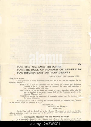 Lettre - Demande de précisions du défunt soldat australien, 15 novembre 1919, Alternative Name(s) : Aérogramme, dépliant, Lettre type papier lettre de demande d'indication de soldats décédés pour utilisation dans la 'nation', l'histoire du 'Rouleau d'honneur de l'Australie' et 'Inscriptions sur des tombes de guerre'. Il s'adresse à Annie Kemp, veuve d''Kemp, tué au combat en bois de Glencorse, sur le front de l'Ouest, le 21 septembre 1917. La lettre en tant que noms auteurs F.G Banque D'Images