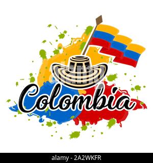 Drapeau de la Colombie et sombrero chapeau Vueltiao. Image représentative de la Colombie - Vector Illustration de Vecteur