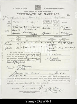 - Certificat de mariage délivré à Archibald Gordon Maclaurin & Constance Duffel, État de Victoria, 1 janv. 1934, du certificat de mariage pour Archibald Gordon Maclaurin et Constance Duffel, datée du 1er janvier 1934. Archie est né en 1904 à B-4720 Londres. Il a été formé comme une imprimante et trouvé du travail en Australie comme il y avait peu de possibilités en Angleterre ; il a migré sur le 'Jervis Bay' en 1928. Avant de migrer, il a commencé des négociations avec le directeur général de la Direction générale de l'impression des billets de banque du Commonwealth Banque D'Images