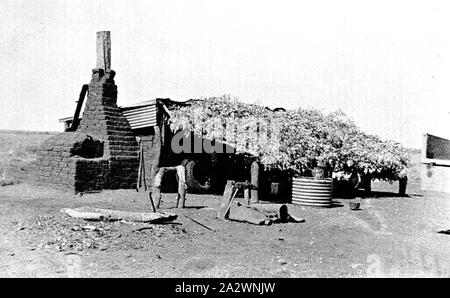 - Négatif, Tanami Territoire du Nord, 1937, brique de boue hutte avec une large véranda de branches soutenu par des troncs. Il y a une grande cheminée en brique de boue attaché à la hutte Banque D'Images