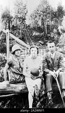 Négatif - Dandenongs, Victoria, 1930, un homme et deux femmes assises sur un journal dans un buisson. Il y a une voie de chemin de fer l'ascension d'une colline dans l'arrière-plan Banque D'Images