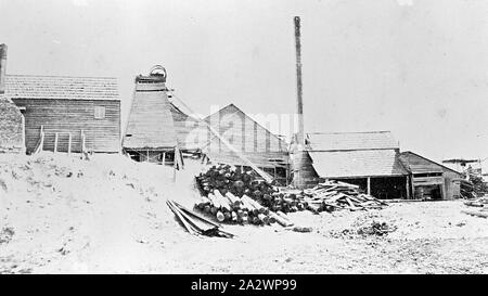 - Négatif, District de Ballarat Victoria, vers 1870, les bâtiments de la mine, y compris tête du clapet, cheminée et accessoires en bois de piles Banque D'Images