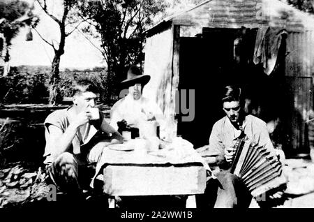 Négatif - Cueilleurs de fruits, Irymple, Victoria, 1929, trois travailleurs de sexe masculin, probablement vendangeurs, avoir un repas à l'extérieur d'un hangar en tôle ondulée. Un homme est à l'accordéon. Il y a des vignes dans l'arrière-plan Banque D'Images