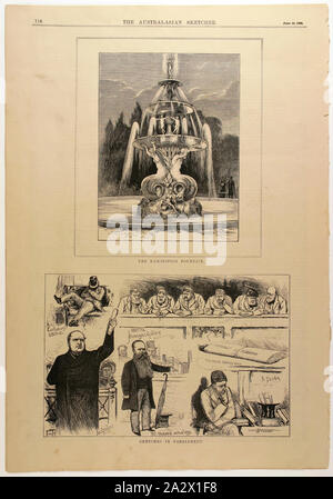 Coupure de presse - 'La Fontaine', l'exposition Australasian Sketcher, Adelaide, 19 juin 1880, extraits de l'Australian Sketcher, no.99, vol. VIII, Adélaïde edition, le samedi 19 juin 1880, pp. 114-16, 125-28, publié par G.N. Et W.H. Birks, Adélaïde. Page 116 représente deux bloc en bois noir et blanc Illustrations : l'image du haut montre la fontaine à l'entrée sud du Parc des Expositions de Melbourne bâtiments : le droit inférieur est sous-titrée 'Sketchs au Parlement". La fontaine a été conçu Banque D'Images