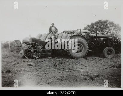 Image numérique - Eric Brady & Damy Thompson, à la récolte des pommes, Kinglake, vers 1945, copie numérique de photographie originale d'Eric Brady avec Damy Thompson à la récolte des pommes avec le camion et tracteur Fordson Major derrière, Kinglake, vers 1945. Cela fait partie d'une collection de photographies de famille qui se rapportent à la "Uplands homestead. L'Lawrey famille ont été les premiers colons dans la région de Kinglake et vécu dans "l'Uplands homestead de la fin des années 1890 à 1950. La cheminée de 'La Banque D'Images