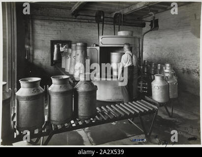 Photographie - Schumacher Mill Ameublement fonctionne, l'intérieur de l'usine avec des bidons de lait, de Port Melbourne, Victoria, vers les années 1940, en noir et blanc d'une image promotionnelle de l'intérieur de l'usine montrant deux hommes travaillant sur une ligne de production avec des bidons de lait. Il fait partie d'une collection de photographies et de l'imprimante marqué exemplaire utilisé dans la préparation de la documentation commerciale la promotion de produits fabriqués par l'usine de meubles de Schumacher travaille Pty Ltd. Les éléments ont d'abord été installé dans un tiroir en bois Banque D'Images