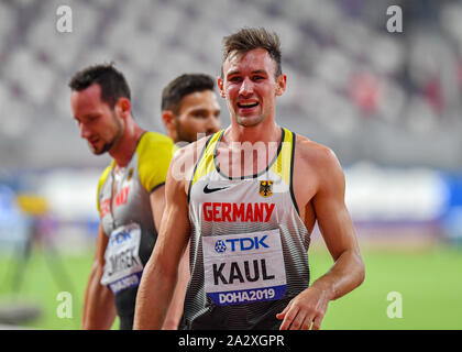 DOHA, QATAR. Oct 03, 2019. Niklas Kaul d'Allemagne célèbre après avoir remporté le 800M Hommes Décathlon pendant jour 7 de l'IAAF World Athletics Championships - 2019 de Doha à Khalifa International Stadium sur Jeudi, 03 octobre 2019 à DOHA, QATAR. Credit : Taka G Wu/Alamy Live News Banque D'Images