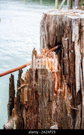 Old pier pourri pourri avec des pieux battus dans le fond de la baie et du métal rouillé pour un fonctionnement fiable des liens le jeu de pièces de la jetée à la bouche Banque D'Images