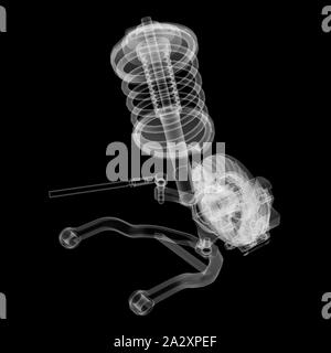 X-ray suspension voiture et le disque de frein sur fond noir, 3d illustration Banque D'Images