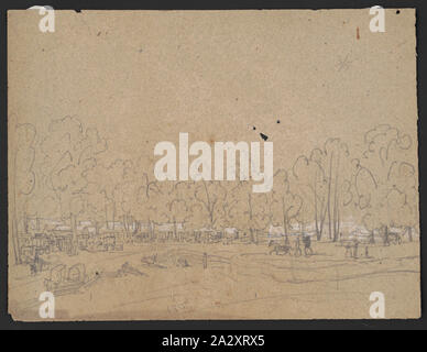 Esquisse d'un rassemblement dans les bois avec des chariots et des charrettes et de nombreuses cabanes ou tentes sous les arbres Banque D'Images