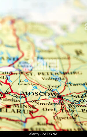 Moscou, sur la carte du monde atlas Banque D'Images