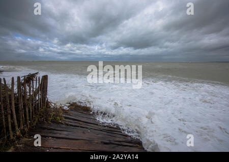 Bord de mer, baie de Somme pendant les grandes marées, houle et écume, dans le chenal près du Hourdel et de Cayeux sur mer, Côte d'Opale Banque D'Images