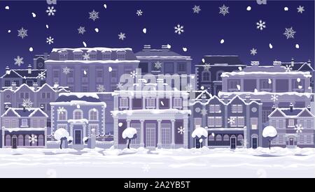 La nuit de Noël La neige Maisons et boutiques Street Scene Illustration de Vecteur