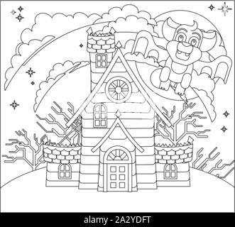 Halloween maison hantée et bat Scène Cartoon Illustration de Vecteur
