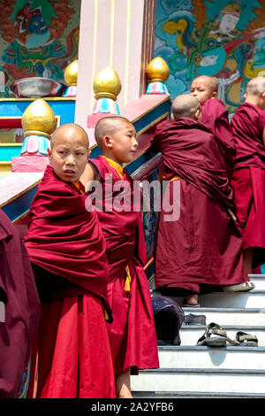 Le moine bouddhiste debout dans une file d'attente à un monastère. Banque D'Images