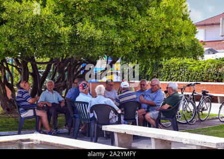 Un groupe de personnes âgées à la retraite les amis jouer aux cartes assis dans l'ombre d'un arbre sur le front de mer de Forte dei Marmi en été, Toscane, Italie Banque D'Images