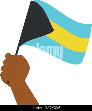 Main tenant et élever le drapeau national du Bahamas Illustration de Vecteur