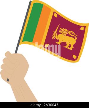 Main tenant et élever le drapeau national du Sri Lanka Illustration de Vecteur