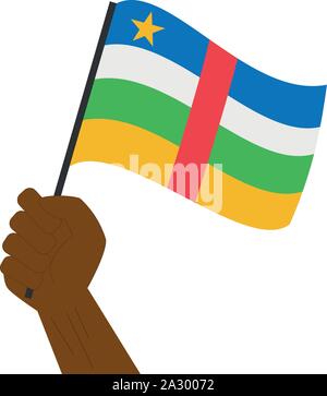 Main tenant et élever le drapeau national de la République centrafricaine Illustration de Vecteur