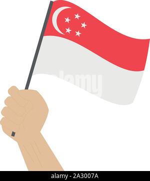 Main tenant et élever le drapeau national de Singapour Illustration de Vecteur