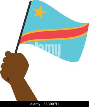 Main tenant et élever le drapeau national de la République démocratique du Congo Illustration de Vecteur