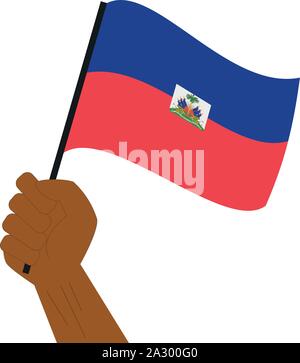 Main tenant et élever le drapeau national d'Haïti Illustration de Vecteur