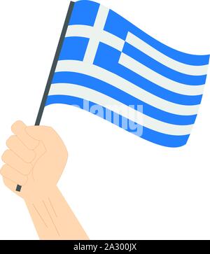 Main tenant et élever le drapeau national de la Grèce Illustration de Vecteur