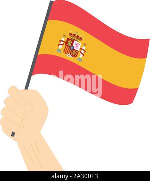 Main tenant et élever le drapeau national de l'Espagne Illustration de Vecteur