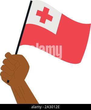 Main tenant et élever le drapeau national de Tonga Illustration de Vecteur