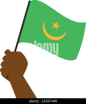 Main tenant et élever le drapeau national de la Mauritanie Illustration de Vecteur