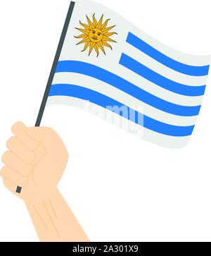 Main tenant et élever le drapeau national de l'Uruguay Illustration de Vecteur