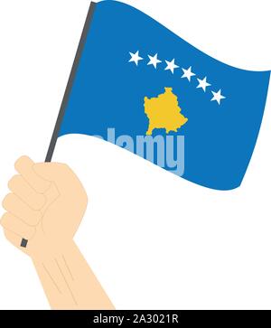 Main tenant et élever le drapeau national du Kosovo Illustration de Vecteur