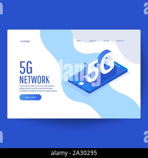 Modèle de page d'atterrissage de la création d'illustration vectorielle isométrique avec système de réseau 5G technologie concept. Site web marketing modèle d'atterrissage. Illustration de Vecteur