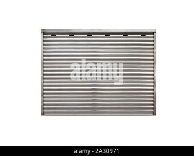 Garage fermé porte rouleau métallique isolé sur fond blanc, texture photo, vue de face Banque D'Images