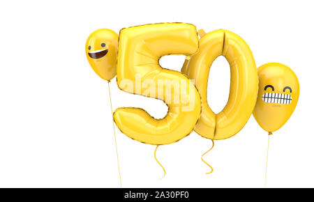 50 anniversaire ballloon avec plusieurs visages emoji ballons. 3D Render Banque D'Images