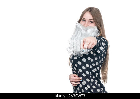 Femme en costume santa doigt points Banque D'Images