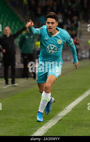 03 octobre 2019, la France (France), Saint-Étienne : Soccer : Europa League, comme saint Étienne - VfL Wolfsburg, phase Groupe, Groupe I, 2e journée à Stade Étivallière. Josip Brekalo de Wolfsburg. Photo : Swen Pförtner/dpa Banque D'Images