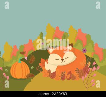 Cute fox dormir dans les feuilles avec l'automne bonjour citrouille vector illustration Illustration de Vecteur