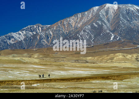 Trekker ang horseman marche dans le paysage spectaculaire près de Lo Mantang, Upper Mustang région, le Népal. Banque D'Images